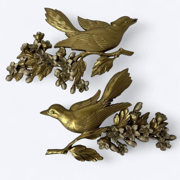 Vintage Dart Ind Gold Bird & Flowers Hanging Wall Plaques Plastic Set 60s Decor - Picture 1 of 16